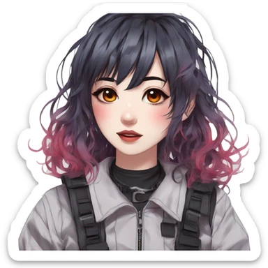 Gorgeous pastel bright iridescent techwear anime style lady with blushing face aesthetic and pretty edgy black red white punk messy hair with collar and harness trending style sticker