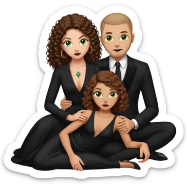 Sensual woman green eyes brown long curly hair evil occult,with 7 inch platform stripper high heels long low cut black dress, holding a tan man, sitting on a buzz cut hair brownman’s pimp lap, holdingwomans butt man is wearing a black suit sticker