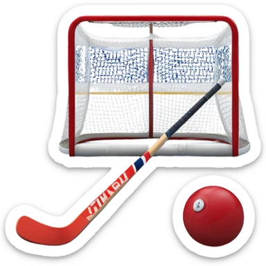 A red ball and hockey stick resting on an ice rink, with the goalposts and clear markings in the background. The scene captures the unique nature of field hockey with a ball on ice, emphasizing the speed and precision of the sport in a cold, competitive atmosphere. sticker