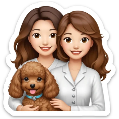 a asian lady with long balayage hair with highlights, long lashes, wearing white outfit, smiling happily, and holding a brown poodle sticker