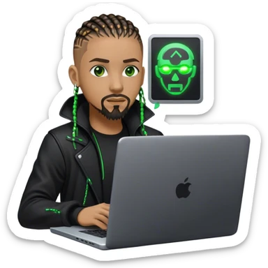 Light skinned African American male with green eyes as a cyberpunk hacker with cornrows hairstyle but short cornrows  with just goatee facial hair and no beard hacking/coding on laptop  sticker