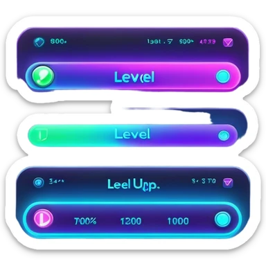 A futuristic experience bar filling up, glowing as it reaches the next level. The design features a sleek, digital progress bar with vibrant neon colors (blue, purple, or green), a gradient effect, and smooth animation-like highlights. The bar should have a clear 'Level Up' or 'MAX' indicator at the end, with a subtle glowing effect. The style is inspired by gaming UI elements, keeping it clean, dynamic, and visually appealing sticker