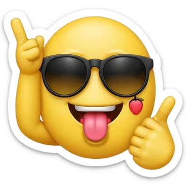 Fassa um emoji simples aquele da carinha amarelo de óculos escuro dando uma língua bem ofensiva e mostrando o dedo do meio da mesma forma. Tá mais ou menos do jeito que eu quero óculos preto totalmente e um dedo do meio com a mão ao contrario  sticker