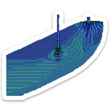 Hydroacoustic map showing radio waves from a ship on the water surface scanning down to the seabed sticker