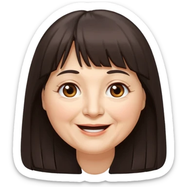 60 yr old woman, long hair down back, very small brown eyes, long hair, straight dark brown hair, bangs, chubby, long face, very tired but happy sticker