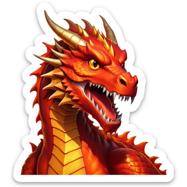 cinematic-noble-fierce-fire-dragon-portrait-emoji,-poised-and-imposing,-with-a-muscular,-scaled-body-ablaze-in-fiery-hues-of-crimson,-molten-orange,-and-molten-gold,-and-intense,-burning-eyes-that-mirror-the-heart-of-a-volcano;-rendered in detail sticker