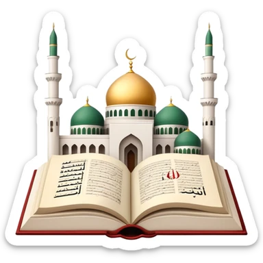 An icon featuring the mosque and the flag of an Arabic-speaking country, symbolizing the Arabic language. The design includes an open book with Arabic script and calligraphy, representing language learning and cultural heritage. Transparent background sticker