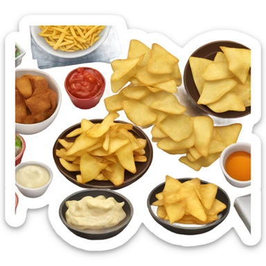 mesa con aperitivos salados papas fritas, nachos, etc sticker