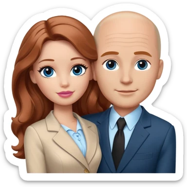 Barbie girl  , eyes blue , Chestnut red long wavy hair In pale beige clothes, Hugs a man with light brown hair bald, brown eyes , and a black suit sticker