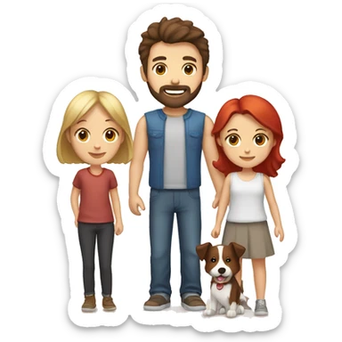 Family formed by a White man with short dark brown hair and beard and a White woman with long brown hair and a boy with blonde hair and a red and white border collie dog sticker