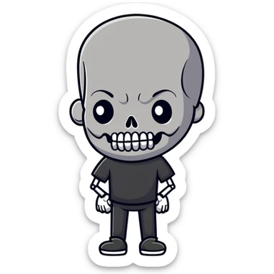 man with oval-shaped flat-top head wearing a black shirt with a gray skull on the front sticker