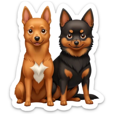 Doberman Pinscher and Pomeranian Spitz standing side by side. The Doberman has a sleek black and tan coat with alert ears, while the Pomeranian has a fluffy orange coat and a joyful expression. Beautiful natural background, with a clear blue sky and green grass. Transparent background. sticker