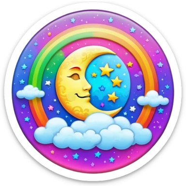 Beveled button with Neon rainbow colored damask style full moon with stars and clouds in the center sticker