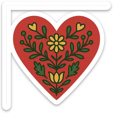 Red heart with Scandinavian folk art, minimalist nature motif, clean lines, simple floral elements, inspired by Swedish Dala painting, with transparent background. sticker