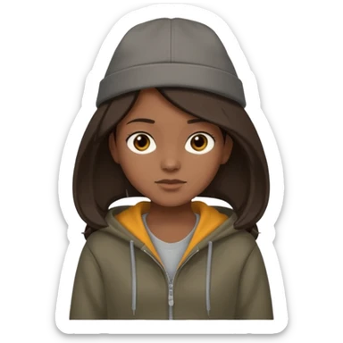 Hobo tomboy with shoulder-length center-parted dark brown hair. brown eyes, dark dull brown hoodie, grey shirt. Flat crown bolero hat sticker