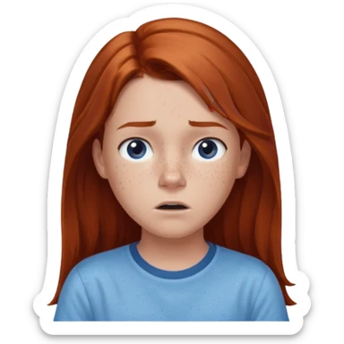 shrugging confused emoji tween long auburn hair light blue shirt with a darker blue L sticker