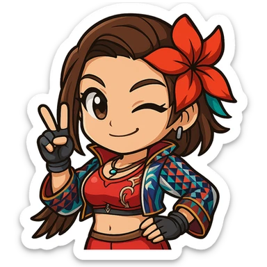 Azucena from Tekken 8 in chibi sticker style, winking and giving a peace sign, wearing the detailed red and patterned outfit from the reference images, designed for Twitch emote use. sticker