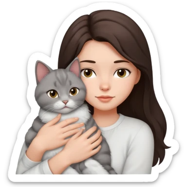 Brunette girl in white shirt snuggling grey cat sticker