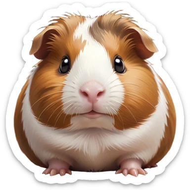 Cinematic Cute Brown and White Banded Guinea Pig Portrait Emoji, Head tilted playfully and inquisitively, showcasing a fluffy fur with playful brown and white banded patterns, round, sparkling dark eyes filled with curiosity, Simplified yet irresistibly adorable features, highly detailed, glowing with a warm, friendly glow, high shine, affectionate and spirited, stylized with a touch of whimsy, bright and endearing, soft glowing outline, capturing the essence of a mischievous yet loving guinea pig, so playful it feels like it could dash out of the screen and into your arms! sticker