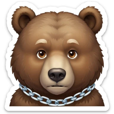 Serious-looking natural brown bear on four paws with stern face, simple ice chain around neck, realistic features sticker
