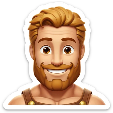 Cinematic Realistic Hercules Portrait, head tilted playfully and inquisitively, showcasing his formidable build softened by a warm, inviting smile. His eyes sparkle with a sense of mirth and determination, while his detailed attire and natural highlights capture the essence of a mighty hero with a friendly spirit. sticker