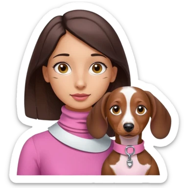 a brunette girl, olive skin, hazel eyes, pink top, neck brace on her neck, piebald dachshund next to her sticker