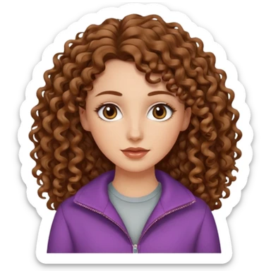 White girl with brown long 3A curly hair, brown almond shape eyes, refined wide nose, natural lips. Cute clothnig sticker