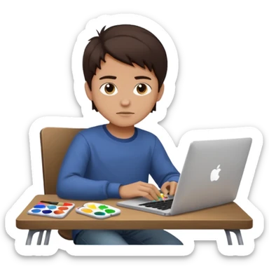 boy working in Macbook, he is graphic designer and paint artist, he seats facing me, and hair dark brown color sticker