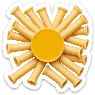 loose scatter of uncooked elbow-shaped pasta tubes in pale golden yellow, smooth matte texture, slightly curved forms, cleanly cut edges, surfaces subtly ribbed or plain, no plate, sauce, or packaging, soft lighting, subtle shadows, emoji scale sticker