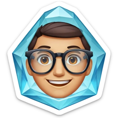 A single crystal gemstone character wearing glasses, chunky and irregular with faceted very sharp sides, smile, , high detail, sticker