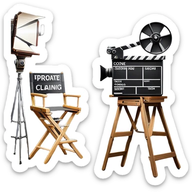 Icon for Directing: a director's chair, a film clapperboard, large movie camera and a stage with a spotlight. The icon should represent the creative and organizational aspects of directing, with focus on storytelling, staging, and performance. Transparent background. sticker
