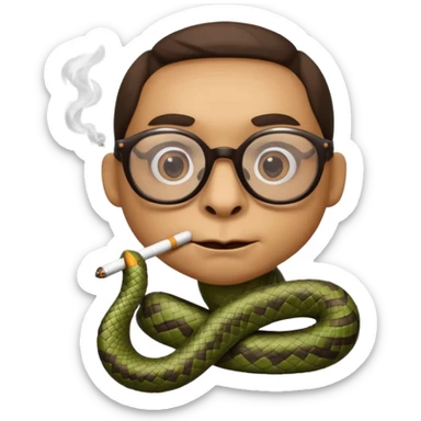 can you create a sneaky SNAKE with big glasses smoking a cigarrette - with light brown hair, with hands on her chin as if she's innocent but with a bitchy look in her eyes and cigarrette in the mouth - the emoji itself is a snake with all these characteristics sticker