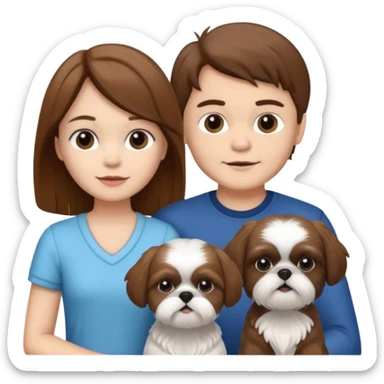 A couple boy and girl with brown hair both of them with two shih tzu dogs black and white sticker