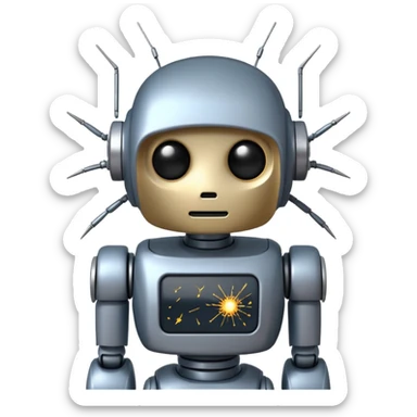 Prompt: A dark sticker. A cute but sad robot with a cracked screen displaying static noise. Small sparks coming from its head. Dark industrial background. 1:1. sticker