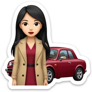 A fast, expensive black car with a young woman beside it The young woman has long black hair, wears a beige formal coat, and underneath is a cherry-colored dress. With expensive blak caaar sticker