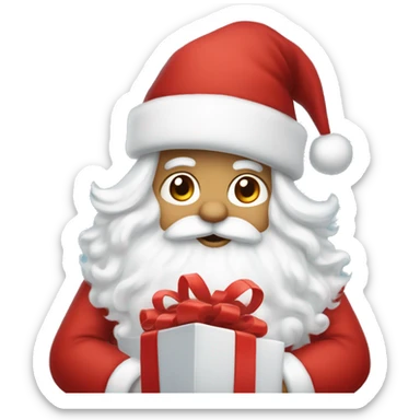 “An adorable full-body Santa in a red suit, fluffy white beard, rosy cheeks, big eyes, and a red hat with a white pom-pom, holding a small gift.” sticker