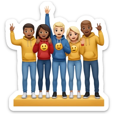 winners’ podium with five multi-racial people, no numbers, fun casual clothes like jeans and hoodies, excited, fun, expressive emoji style sticker