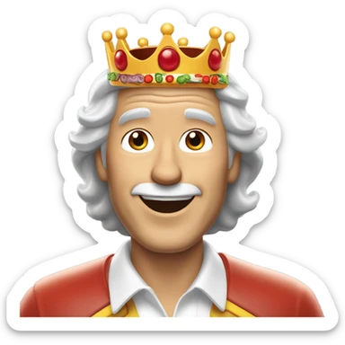 Older white guy with shoulder length grey hair wearing a white shirt and a Burger King crown smiling while on an airplane sticker