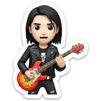 3D Apple-style emoji of a metal musician holding an electric guitar with a bold "ROCK" sign above. Long hair, black leather jacket, ripped jeans, intense expression. Rounded, glossy, smooth, soft shadows, white background.











 sticker