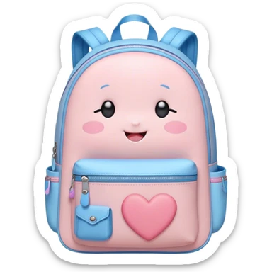 Cute Kawaii Backpack, round and chubby, soft pastel pink and blue, tiny heart-shaped zippers, blushing cheeks, a tiny smiling face, a happy school-time companion! sticker