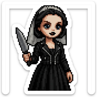 Make Chucky’s bride doll hold a knife, keep her in a black dress and leather jacket with dark makeup, pixel art style sticker