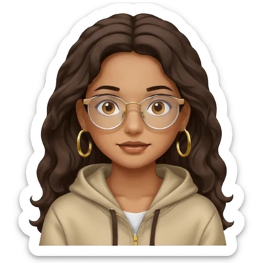 Make a girl with dark brown wavy hair and brown eyes she's tan latina and she has clear glasses and small hold hoop earings make her hair longer and her a hoodie sticker