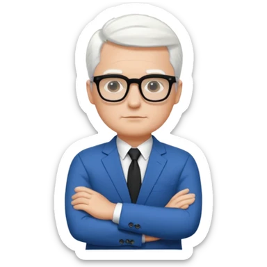 Man wearing black glasses, short white hair, blue suit, white shirt, no tie, arms folded sticker