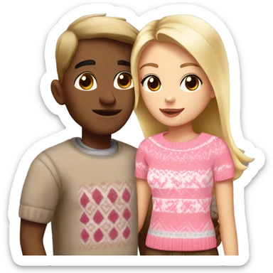 A beautiful blonde girl with brown eyes wearing a pink fair isle jumper. She’s kissing her boyfriend who is taller and darker blonde with brown eyes and a white T-shirt. sticker