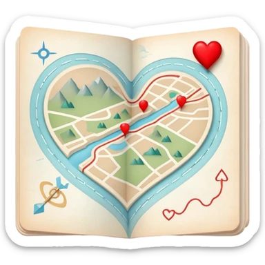 Folded cartographic map with pale ethereal colors, featuring red heart markers and various colored symbols indicating different emotional experiences, topographic lines sticker