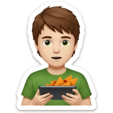 A white boy with messy brown hair eating Doritos while gaming on a green ipad sticker