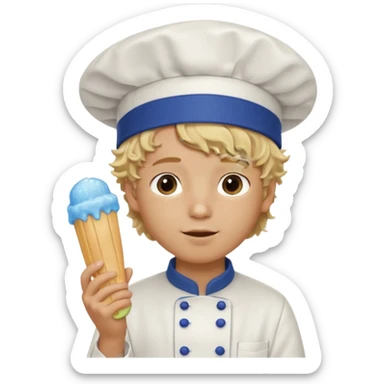 boy blonde curly hair, chef, eating blue ice pop sticker