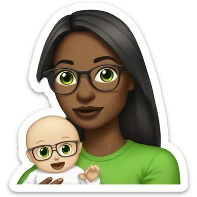 Black not that long straight hair with green eyes and glasses, big lips white girl holding one year old green eyes white baby son sticker