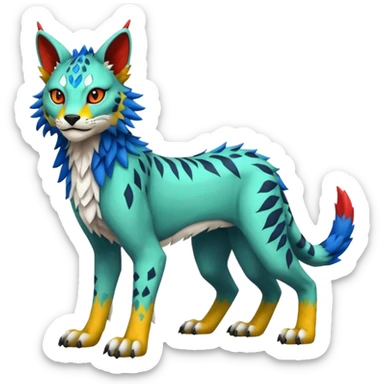 Colorful tropical edgy Lynx-Trico-Sergal-Wolf-Vernid-Fakémon-Pokémon-creature (full body) sticker