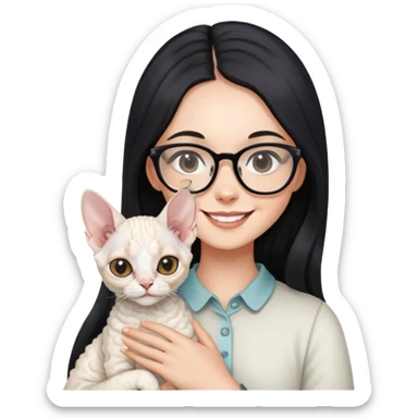 A girl with long black hair and glasses is smiling and holding a white Devon Rex sticker